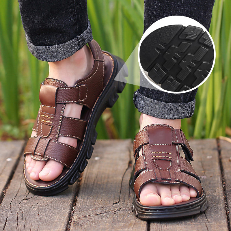 Rojeam Casual Lederen Sandalen voor Heren Gesloten Teen Strandslippers Platte schoenen Zomersandalen voor Wandelen, Bruin, 46 EU