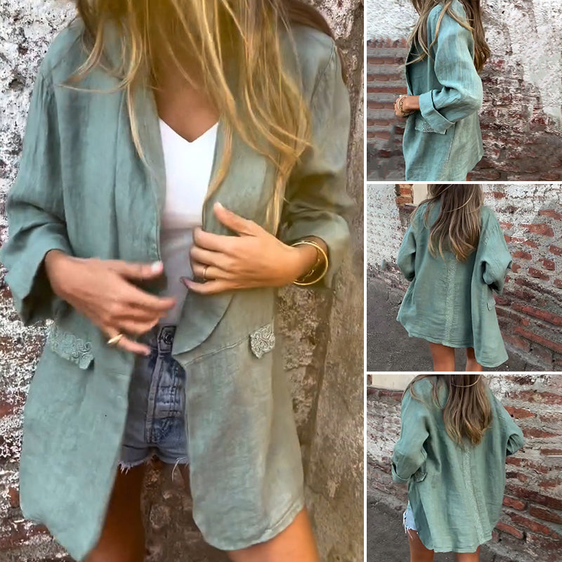 OMZIN Vrouwen Lange Mouw Effen Kleur Print Open Front Lange Blazer Outwear Jas Plus Abrikoos L