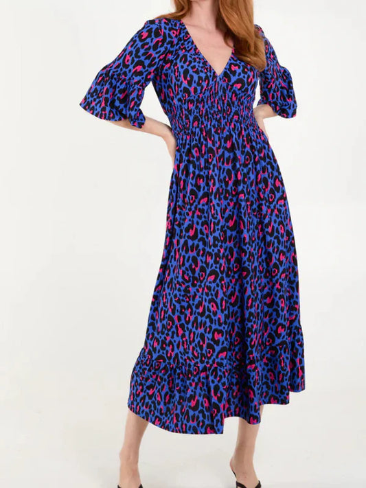 Luipaard jurk met gerimpelde taille