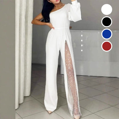 ✨👠Sparkling One Shoulder Mesh Flared Jumpsuit🖤