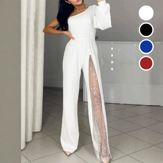✨👠Sparkling One Shoulder Mesh Flared Jumpsuit🖤