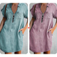 Casual denim jurk voor dames, losvallend, met revers, korte mouwen, ritssluiting en zakken