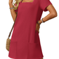 Laatste dag promotie 50% UIT 👗  Casual Square Neck Pocket Korte Mouw Jurk met Zakken voor dames