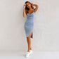 💜 Last Day -promotie - 50%korting 💜 Verstelbare stok u -hals split split denim bodycon cami jurk
