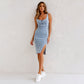💜 Last Day -promotie - 50%korting 💜 Verstelbare stok u -hals split split denim bodycon cami jurk