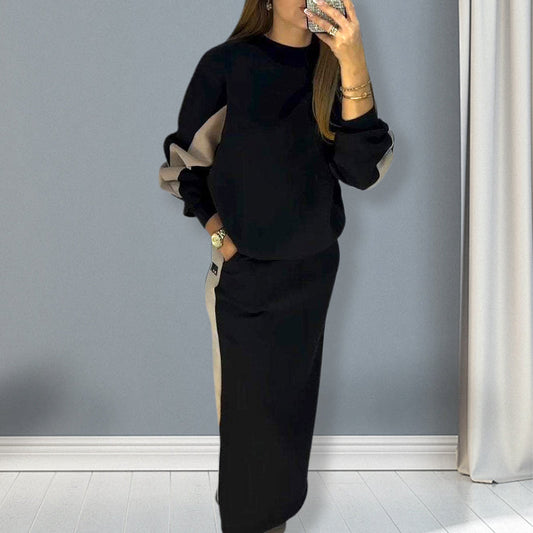 ✨Nieuw binnen✨ Losvallende kleurblok top met lange mouwen en splitrok set
