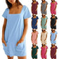 Laatste dag promotie 50% UIT 👗  Casual Square Neck Pocket Korte Mouw Jurk met Zakken voor dames
