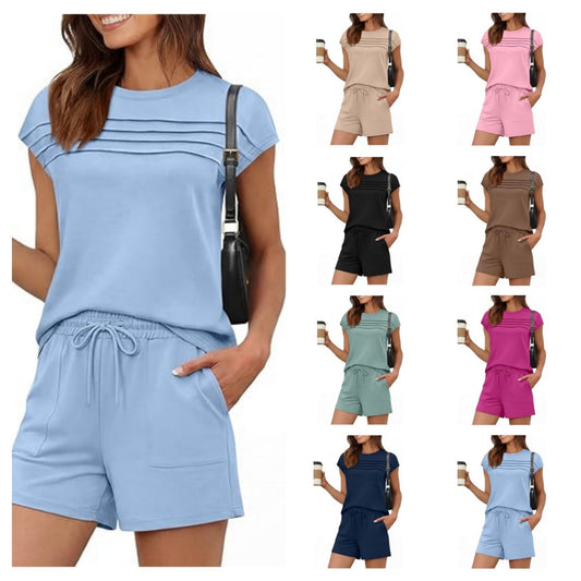 🔥LAATSTE DAG UITVERKOOP 50% KORTING👍✨Set voor dames bestaande uit een top met ronde hals en een korte broek met trekkoord