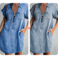 Casual denim jurk voor dames, losvallend, met revers, korte mouwen, ritssluiting en zakken