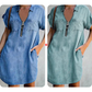 Casual denim jurk voor dames, losvallend, met revers, korte mouwen, ritssluiting en zakken