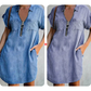 Casual denim jurk voor dames, losvallend, met revers, korte mouwen, ritssluiting en zakken