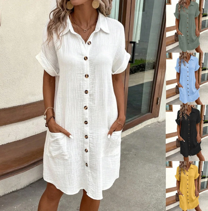 ✨Zomerse halflange jurk voor dames – luchtig, flatterend en nonchalant elegant! Lichte jurk met knoopsluiting en zakken☀️