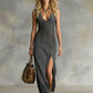 Mouwloze maxi-jurk van denim met V-hals en knoopsluiting aan de voorkant