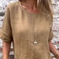 Vrouwen effen kleur ronde hals half mouwen katoenen linnen blouse