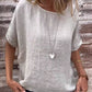 Vrouwen effen kleur ronde hals half mouwen katoenen linnen blouse