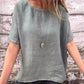 Vrouwen effen kleur ronde hals half mouwen katoenen linnen blouse