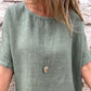 Vrouwen effen kleur ronde hals half mouwen katoenen linnen blouse