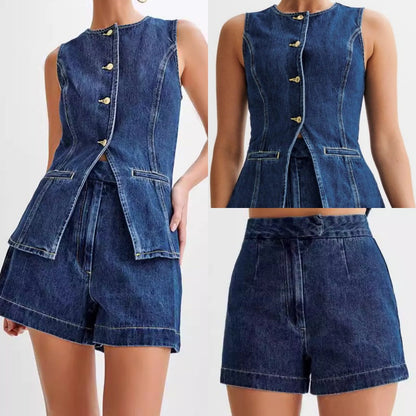 💕HOT SALE 💕Casual denim set voor dames, bestaande uit een mouwloos topje en een korte broek