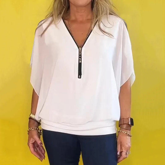 Damestop met casual ritssluiting en chiffon hals