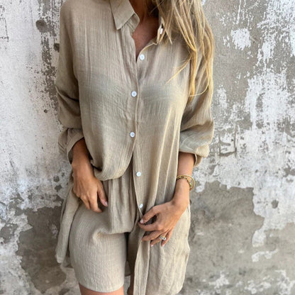 🔥2026 Vrouwen Fashion Street Casual Effen Shirt Lange Mouwen Set