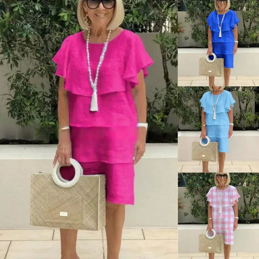 🔥2025 Nieuw 50% korting Hete verkoop🔥 Knielange chiffon jurk met korte mouwen en ruches