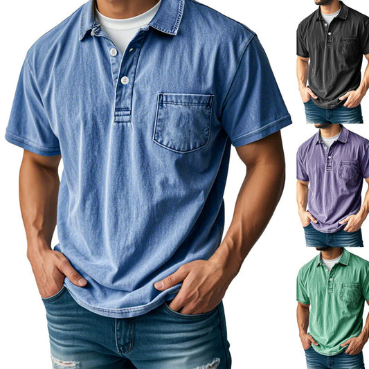 Heren Retro Casual Korte Mouwen Overhemd met Kraag, Voorzak en Knoopsluiting