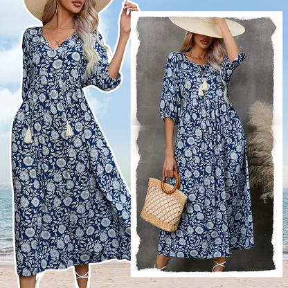 Elegante lange damesjurk met V-hals en bloemenprint