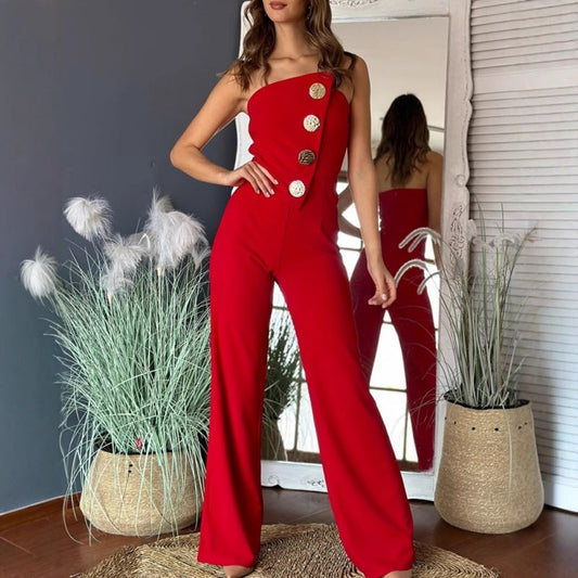 Mouwloze jumpsuit met wijde pijpen en knoopversiering