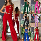 Mouwloze jumpsuit met wijde pijpen en knoopversiering