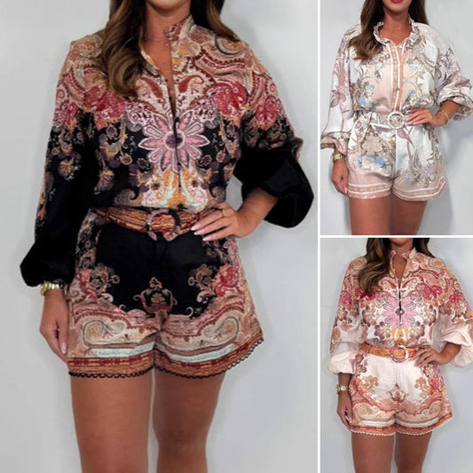 🌷Zomer Hot Sale-49% Aanbieding🩵Fashion Prints Button Up Overhemd Top & Riem Shorts Tweedelige Set