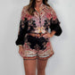 🌷Zomer Hot Sale-49% Aanbieding🩵Fashion Prints Button Up Overhemd Top & Riem Shorts Tweedelige Set