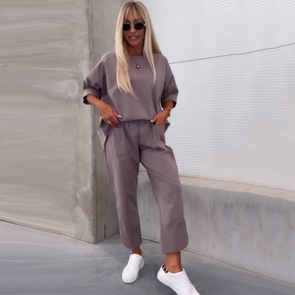 Casual Solid Korte Mouw Tops voor Vrouwen ＆ Broek Tweedelige Set