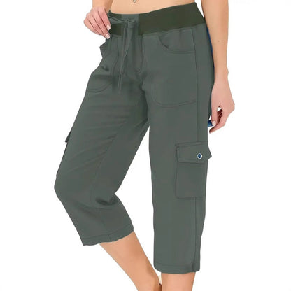 Effen damesbroek met hoge taille en koord, 3/4 lang