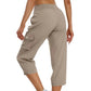 Effen damesbroek met hoge taille en koord, 3/4 lang