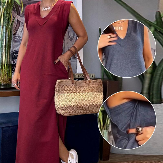Mouwloze maxi-jurk met V-hals en split voor dames