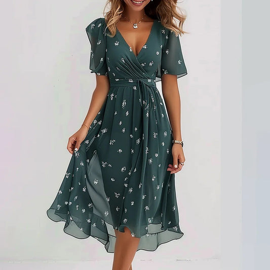 ✨Speciale blauwe midi-jurk met korte mouwen