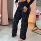Dames broek met strass-steentjes en wijde pijpen met zakken