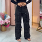 Dames broek met strass-steentjes en wijde pijpen met zakken