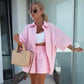 Set van 2 levendige effen shirts met korte mouwen en hoge taille shorts