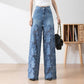Blauwe jeans met hoge taille voor dames, wijde pijpen, gatenpatroon en kanten inzetstukken