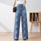 Blauwe jeans met hoge taille voor dames, wijde pijpen, gatenpatroon en kanten inzetstukken