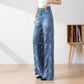 Blauwe jeans met hoge taille voor dames, wijde pijpen, gatenpatroon en kanten inzetstukken