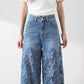 Blauwe jeans met hoge taille voor dames, wijde pijpen, gatenpatroon en kanten inzetstukken