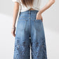 Blauwe jeans met hoge taille voor dames, wijde pijpen, gatenpatroon en kanten inzetstukken