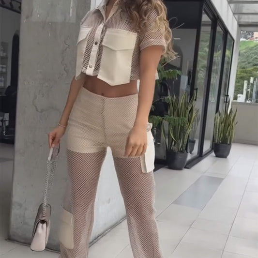 Dames Set met Gecropte Top & Patchwork Mesh Panel Broek