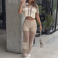 Dames Set met Gecropte Top & Patchwork Mesh Panel Broek