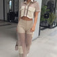 Dames Set met Gecropte Top & Patchwork Mesh Panel Broek
