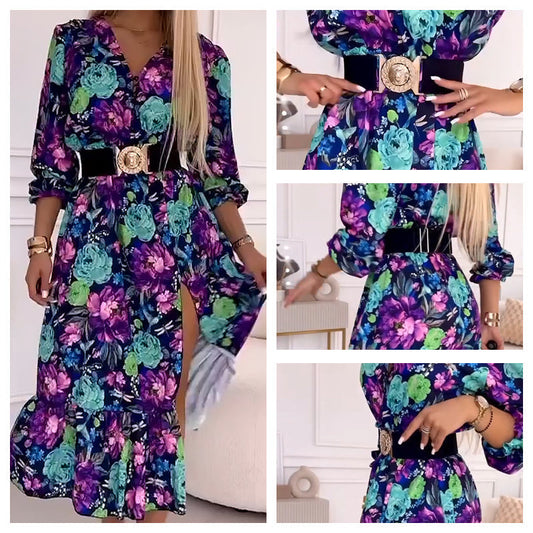 Elegante damesjurk met bloemendruk, v-neck en zijspleet