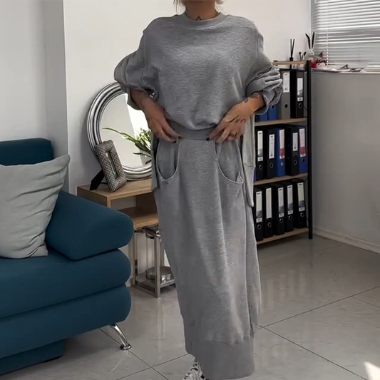 Sweatshirt en rok met dames ronde nek 2-delige set
