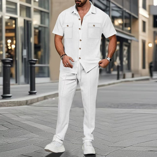 🎊Bestseller van 2025🎊Herenkleding, effen, casual, katoen en linnen, tweedelig set